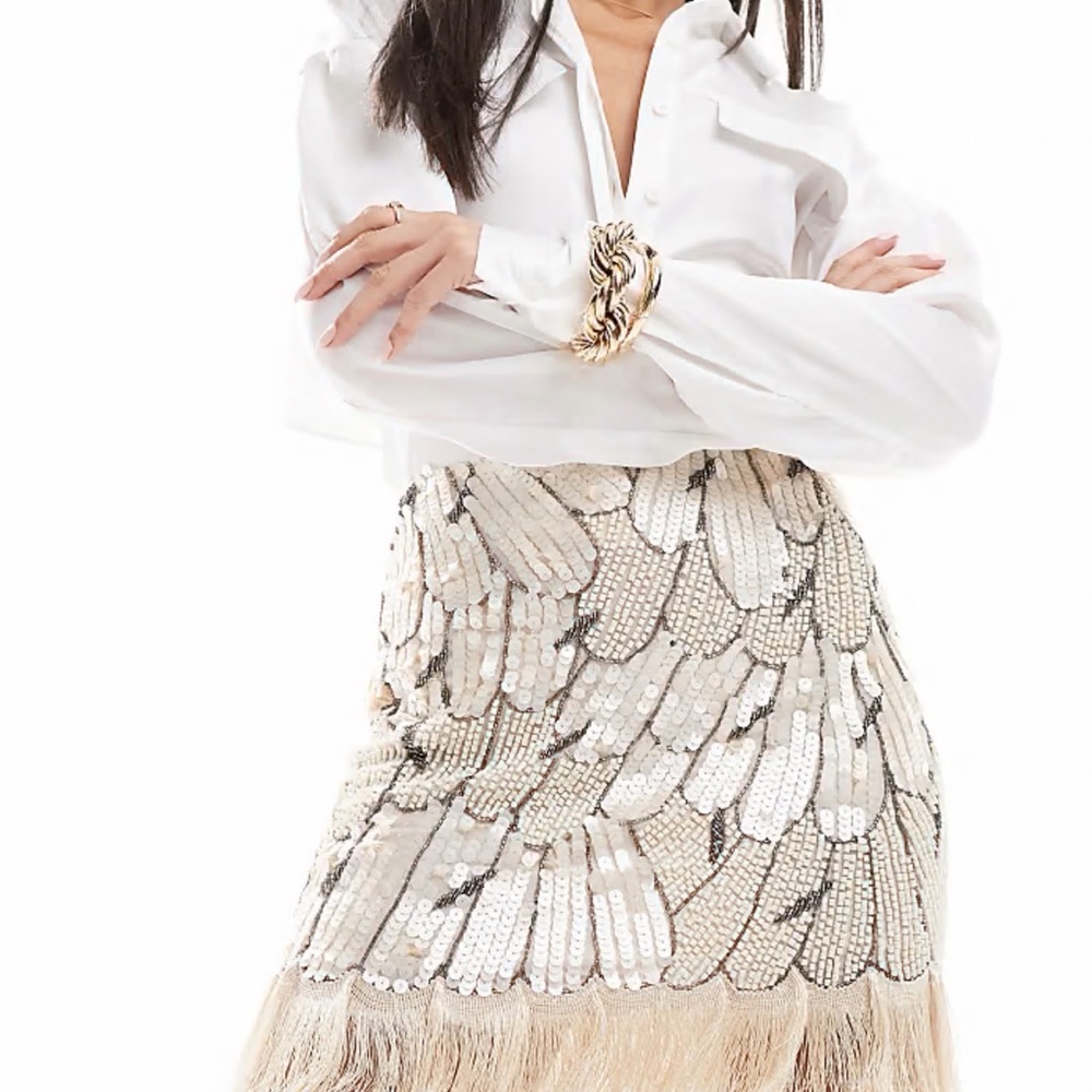 ASOS Sequin Feather Trim Mini Skirt - Cream